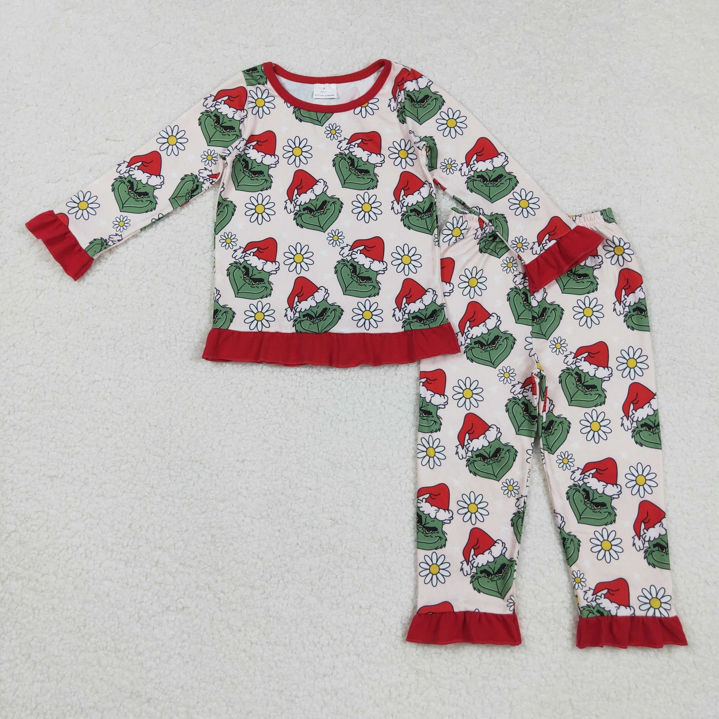 GLP2635 Baby Girls Christmas Hat Green Face Flowers Top Ruffle Pants Pajamas Set
