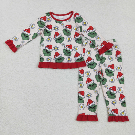 GLP2635 Baby Girls Christmas Hat Green Face Flowers Top Ruffle Pants Pajamas Set