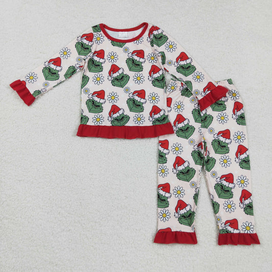 GLP2635 Baby Girls Christmas Hat Green Face Flowers Top Ruffle Pants Pajamas Set   D 829