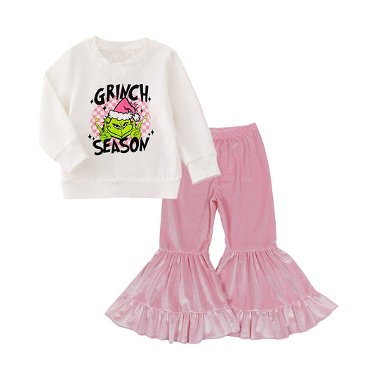 presale GLP2636 Baby Girls Green Faces Top Velvet Bell Bottom Pants Christmas Set  D 7.18