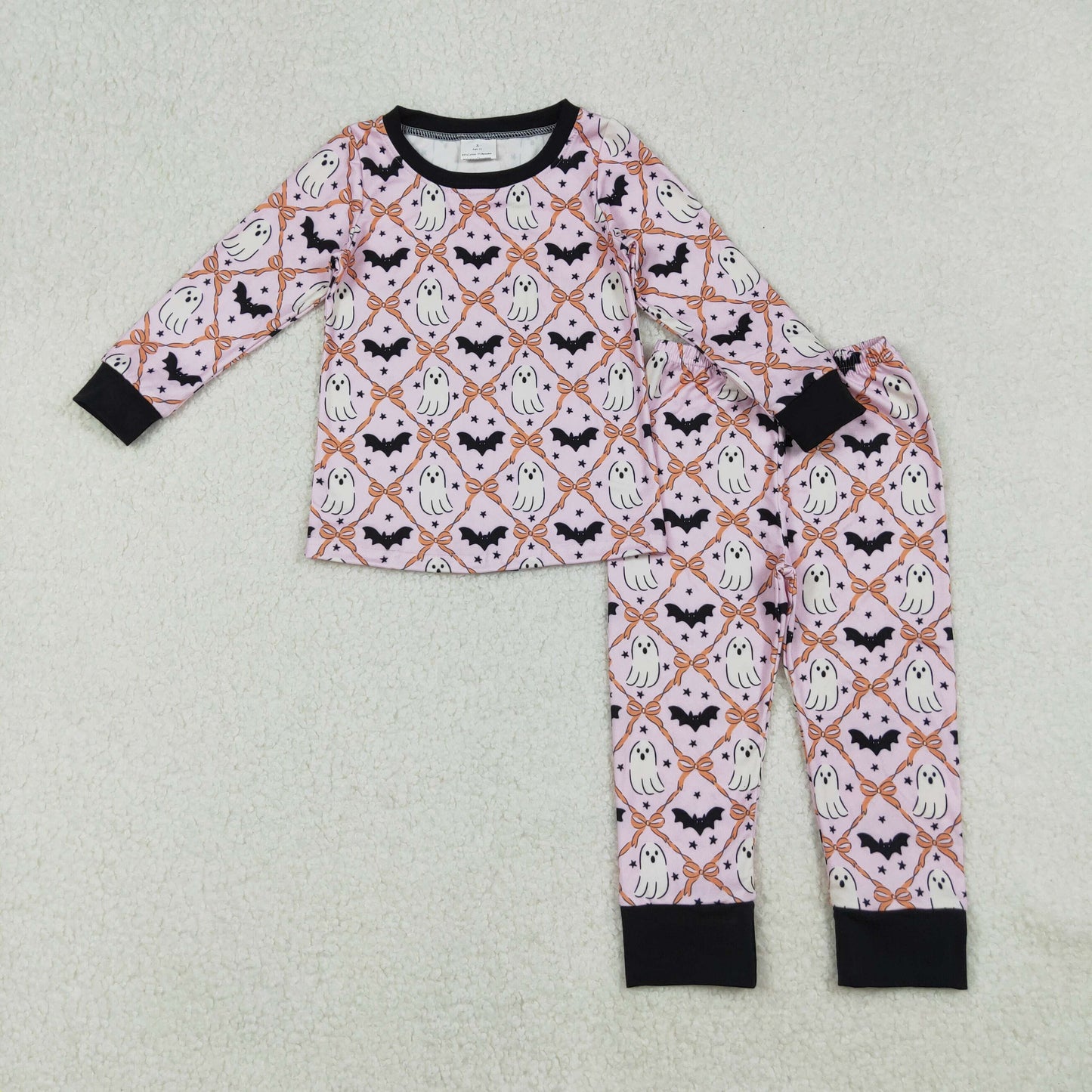 GLP2639 Baby Girls Long Sleeves Bows Bats Ghosts Plaid Top Pant Pajamas Set