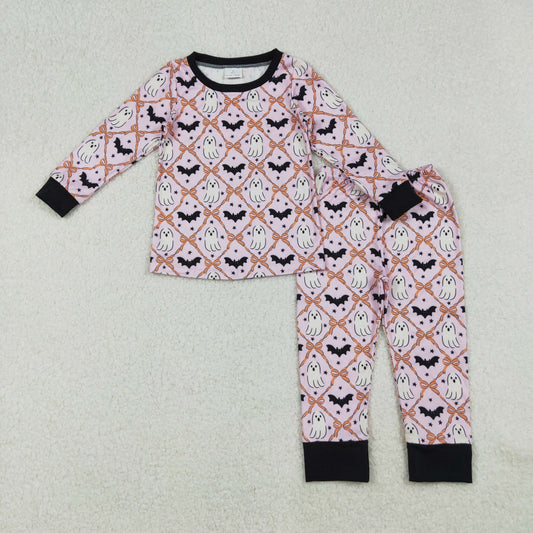 GLP2639 Baby Girls Long Sleeves Bows Bats Ghosts Plaid Top Pant Pajamas Set