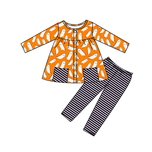 presale GLP2640 Baby Girls Orange Long Sleeves Ghosts Pockets Button Tunic Legging Pant Set  D 7.19