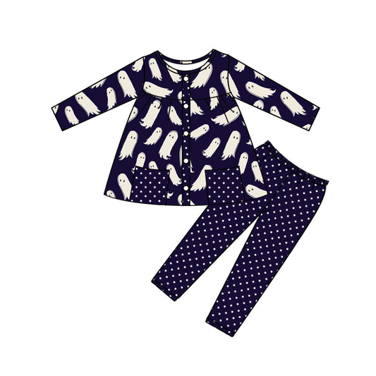 presale GLP2641 Baby Girls Navy Long Sleeves Ghosts Pockets Button Tunic Legging Pant Set D 7.19