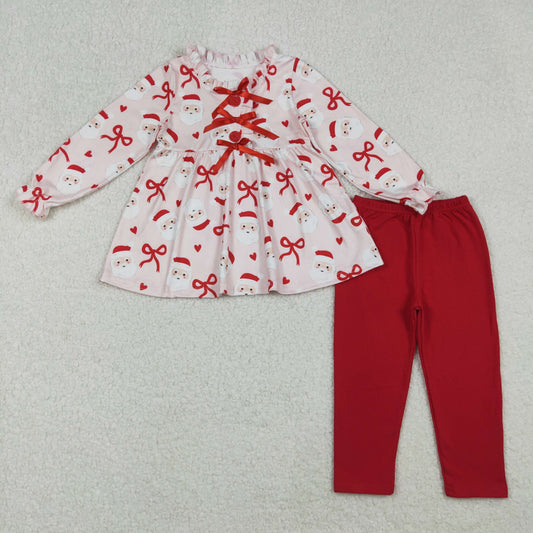 GLP2642 Baby Girls Long Ruffle Sleeves Bows Santa Plaid Tunic Legging Pant Set