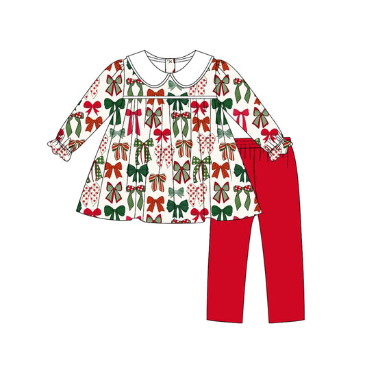 presale GLP2643 Baby Girls Long Ruffle Sleeves Green Red Bows Plaid Tunic Legging Pant Set D 7.19