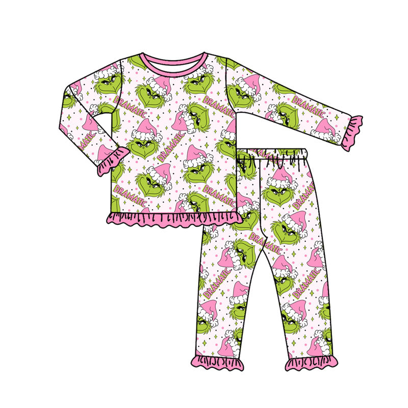 GLP2645 Baby Girls Long Ruffle Sleeves Green Face Plaid Top Pant Pajamas Set  D 828