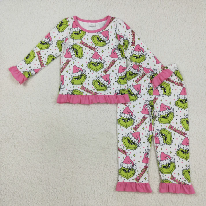 Sibling Baby Girls Green Faces Dramatic Christmas Zipper Footie Rompers Pajamas Sets  D 908