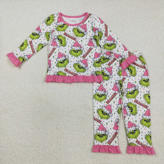 GLP2645 Baby Girls Long Ruffle Sleeves Green Face Plaid Top Pant Pajamas Set