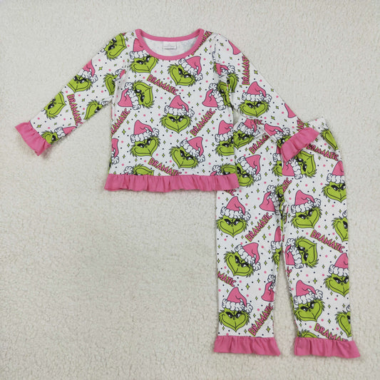 GLP2645 Baby Girls Long Ruffle Sleeves Green Face Plaid Top Pant Pajamas Set D 828