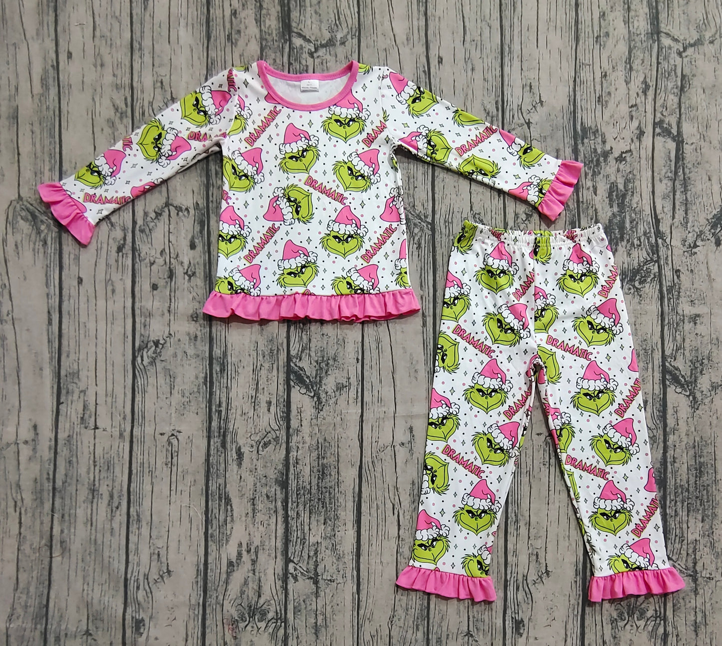 GLP2645 Baby Girls Long Ruffle Sleeves Green Face Plaid Top Pant Pajamas Set  D 828