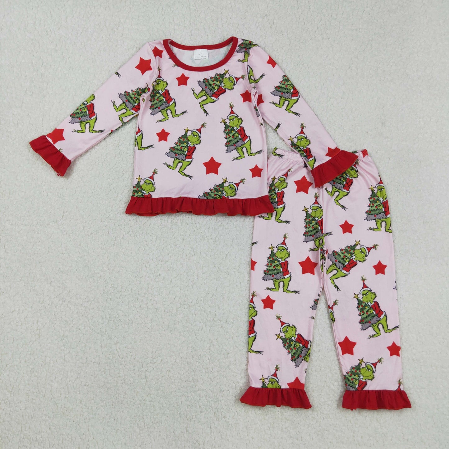 GLP2646 Baby Girls Long Ruffle Sleeves Green Face Trees Plaid Top Pant Pajamas Set