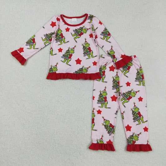 GLP2646 Baby Girls Long Ruffle Sleeves Green Face Trees Plaid Top Pant Pajamas Set