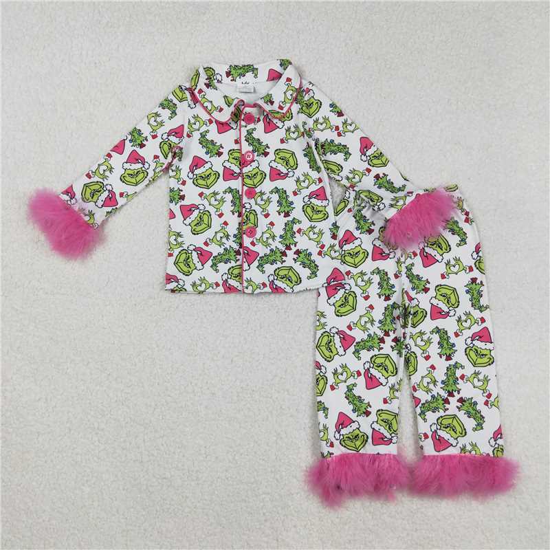 Mama and Me Christmas Fur Green Face Buttons Top Pants Pajamas Sets D 908