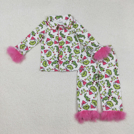 GLP2647  Baby Girls Long Sleeves With Fur Green Face Plaid Top Pant Pajamas Set