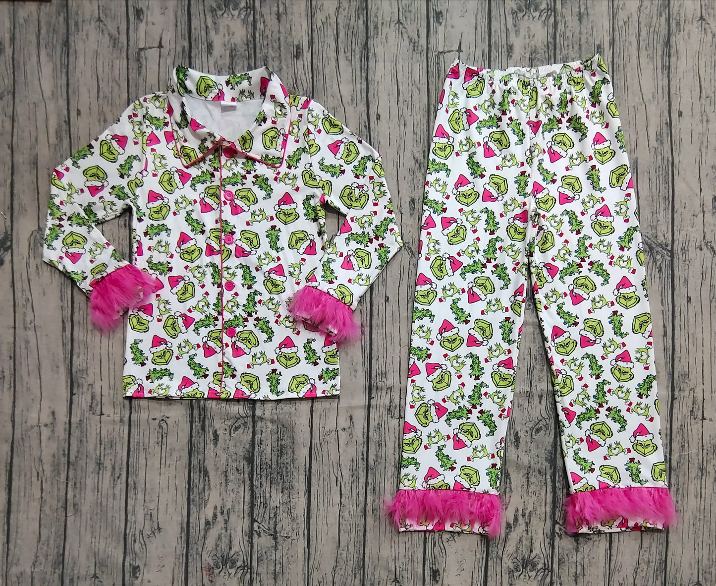 GLP2648  Adult Women Long Sleeves With Fur Green Face Button Top Pants Pajamas Set   D 908