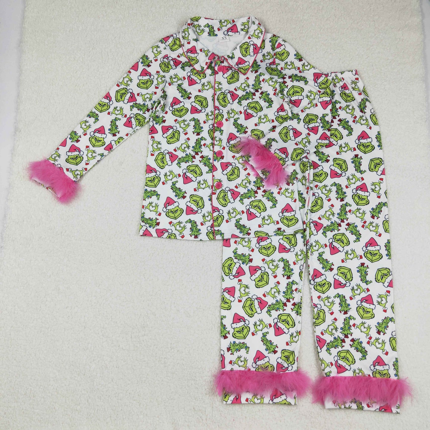 Mama and Me Christmas Fur Green Face Buttons Top Pants Pajamas Sets D 908