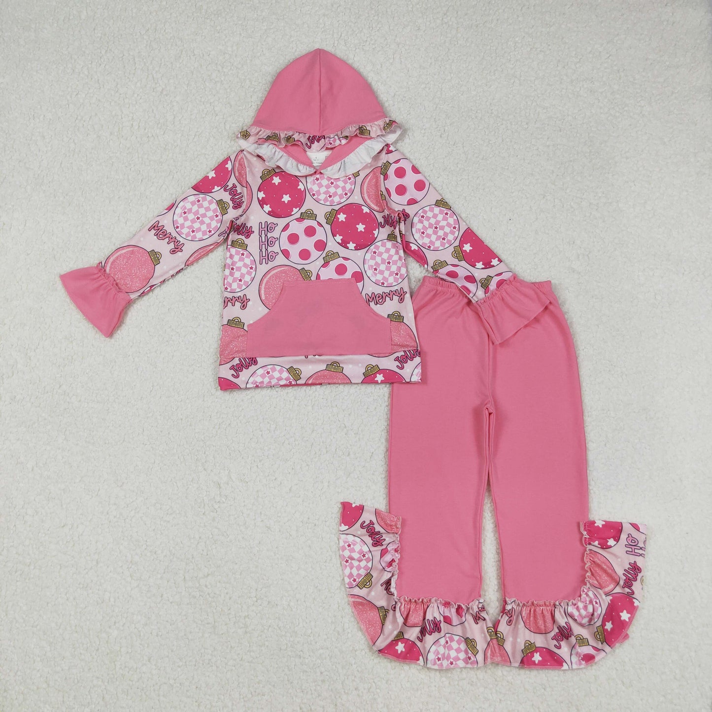 GLP2650 Baby Girls Pink Merry Christmas Pocket Hoodie Ruffle Pant Set  D 822