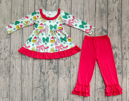 presale GLP2651 Baby Girls Bows Plaid Green Faces Tunic Ruffle Pant Christmas Set  D 7.22