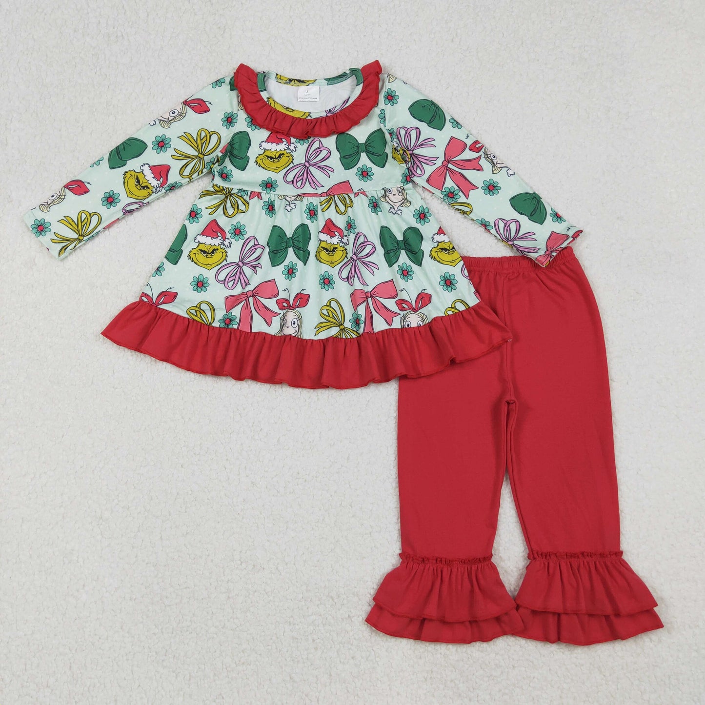 GLP2651 Baby Girls Bows Plaid Green Faces Tunic Ruffle Pant Christmas Set
