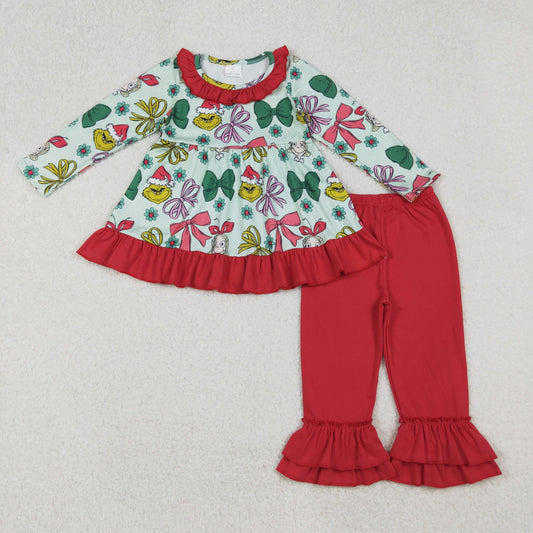 GLP2651 Baby Girls Bows Plaid Green Faces Tunic Ruffle Pant Christmas Set