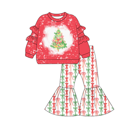 presale GLP2652 Baby Girls Christmas Trees Bows Top Bell Bottom Pant Set D 7.22