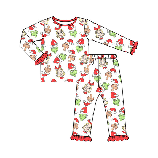 presale GLP2654 Baby Girls Cartoon Green Faces Top Ruffle Pant Christmas Pajamas Set D 7.22