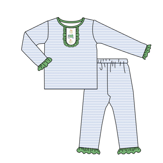 presale GLP2656 Baby Girls Blue Stripe Pumpkins Top Ruffle Pants Fall Pajamas Set D 7.28
