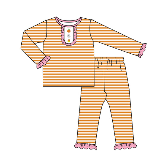 presale GLP2658  Baby Girls Ghost Pumpkins Candy Top Ruffle Pants Halloween Pajamas Set  D 7.28