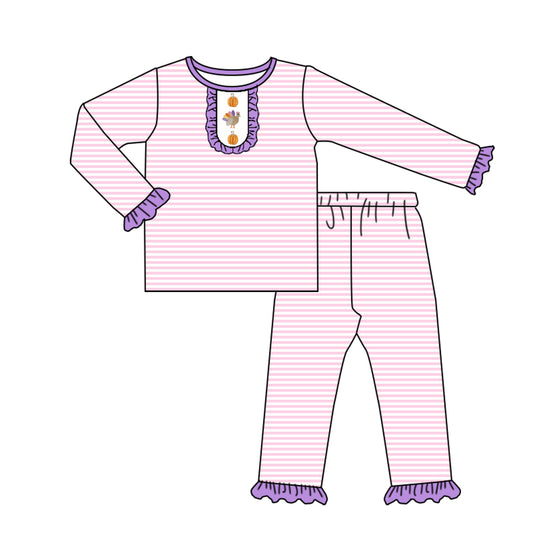 presale GLP2659  Baby Girls Turkey Pumpkins Top Ruffle Pants Thanksgiving Pajamas Set   D 7.28