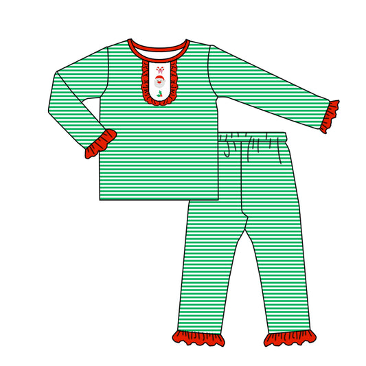 presale GLP2660  Baby Girls Green Stripe Santa Holly Top Ruffle Pants Christmas Pajamas Set  D 7.28