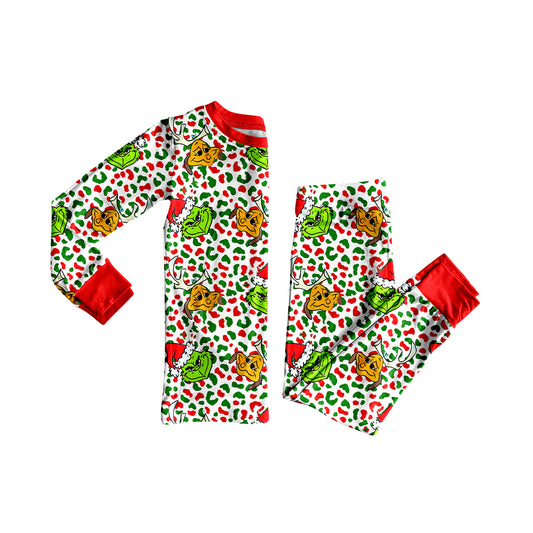 presale GLP2661   Baby Girls Green Faces Leopard Top Pant Christmas Pajamas Sets  D 7.28