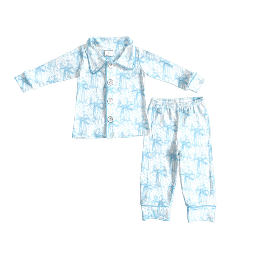 presale GLP2667 Baby Girls Blue Bows Plaid Button Top Pant Pajamas Set D 7.29