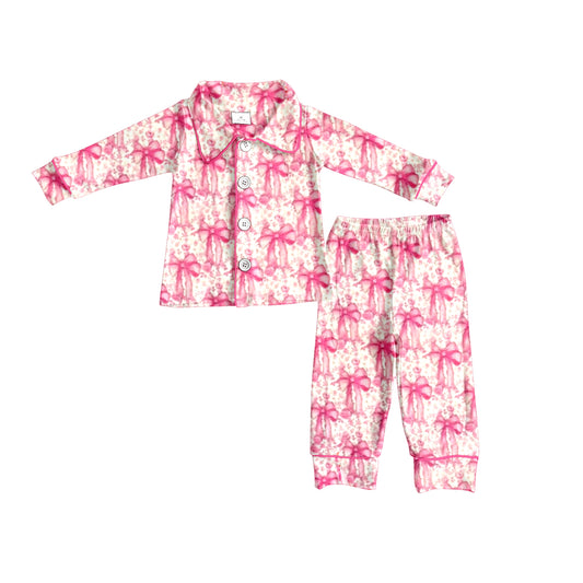 presale GLP2668 Baby Girls Pink Bows Plaid Button Top Pant Pajamas Set D 7.29