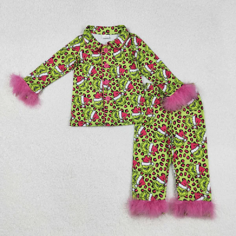 Mama and Me Leopard Grin Button Fur Sleeve Pajamas Sets Ruffle Dresses Zipper Rompers D 1022