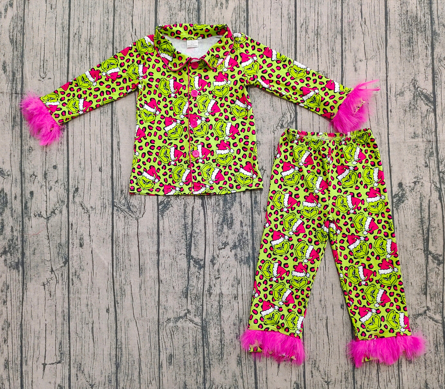 GLP2669 Baby Girls Christmas Green Face Leopard Button Top Pant Fur Pajamas Set D 908