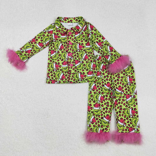 GLP2669 Baby Girls Christmas Green Face Leopard Button Top Pant Fur Pajamas Set