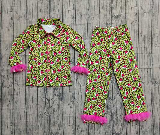 presale GLP2670  Adult Women Christmas Green Face Leopard Button Top Pants Fur Pajamas Set  D 916