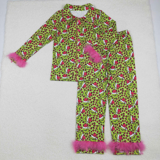 GLP2670  Adult Women Christmas Green Face Leopard Button Top Pants Fur Pajamas Set  D 1024