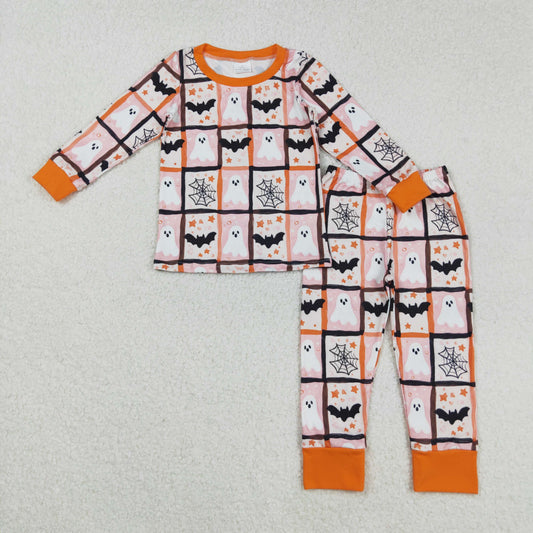 GLP2682  Children Ghosts Bats Plaid Top Pants Halloween Pajamas Set D 8.6