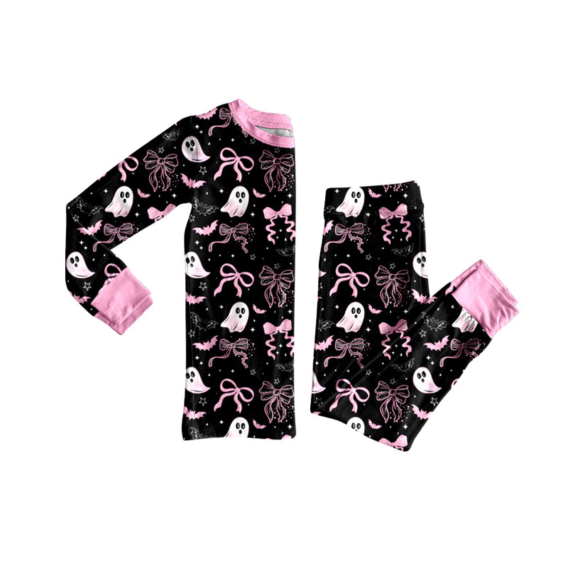 presale GLP2683 Baby Girls Bows Ghosts Plaid Top Pants Halloween Pajamas Set D 8.6