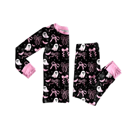 presale GLP2683 Baby Girls Bows Ghosts Plaid Top Pants Halloween Pajamas Set D 8.6