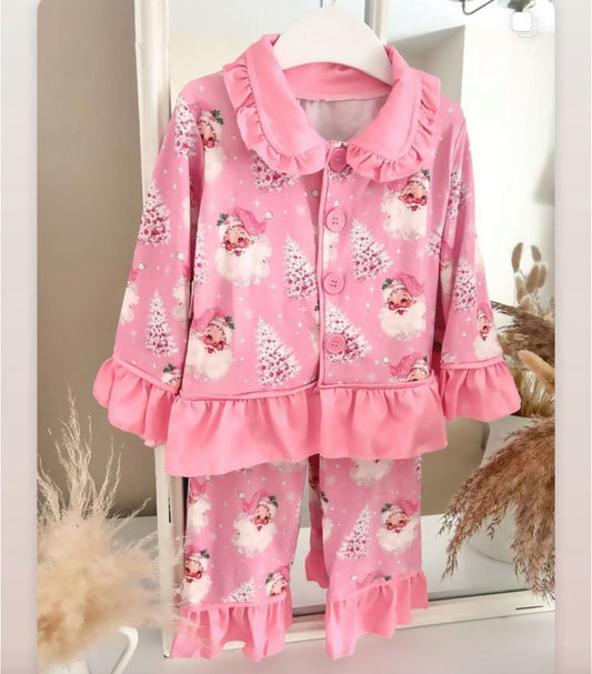 presale GLP2685 Baby Girls Pink Santa Trees Plaid Button Top Pants Christmas Pajamas Set D 8.6