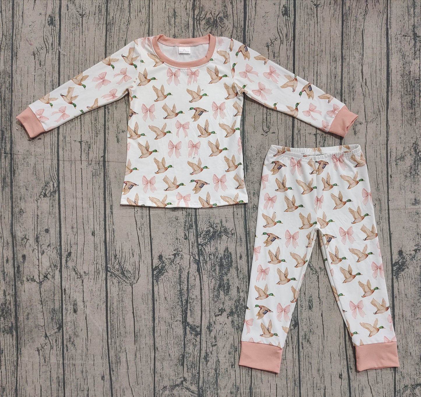 GLP2687 Baby Girls Ducks Bows Plaid Top Pants Pajamas Set  D 910