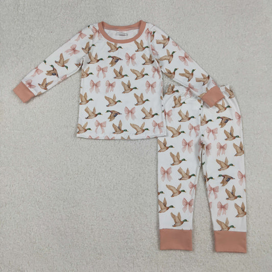 GLP2687 Baby Girls Ducks Bows Plaid Top Pants Pajamas Set D 910