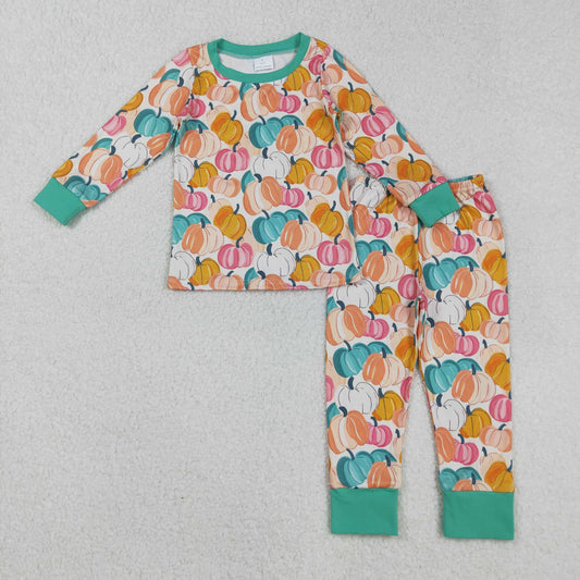 GLP2691 Baby Girls Colorful Pumpkins Plaid Top Pant Fall Pajamas Set D 903