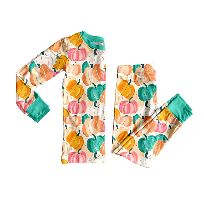 GLP2691  Baby Girls Colorful Pumpkins Plaid Top Pant Fall Pajamas Set D 903