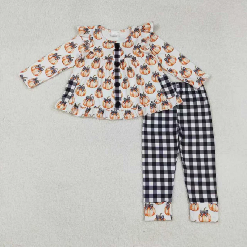 Sibling Baby Girls Bows Pumpkins Button Fal Pajamas Clothes Sets Zipper Footie Rompers   D 920