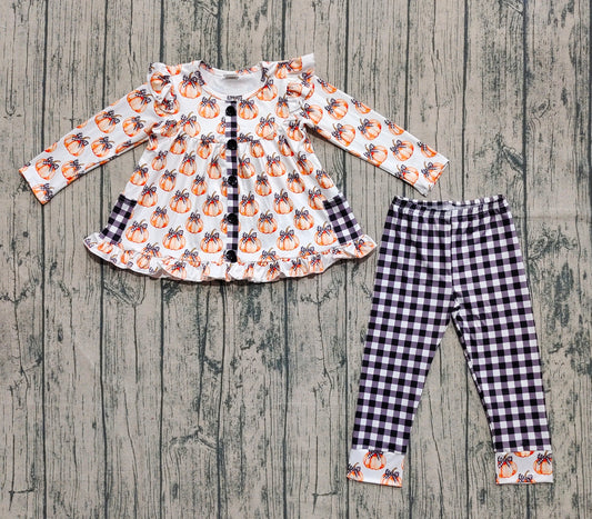presale GLP2692 Baby Girls Pumpkins Plaid Button Pockets Tunic Legging Pant Fall Set D 8.7