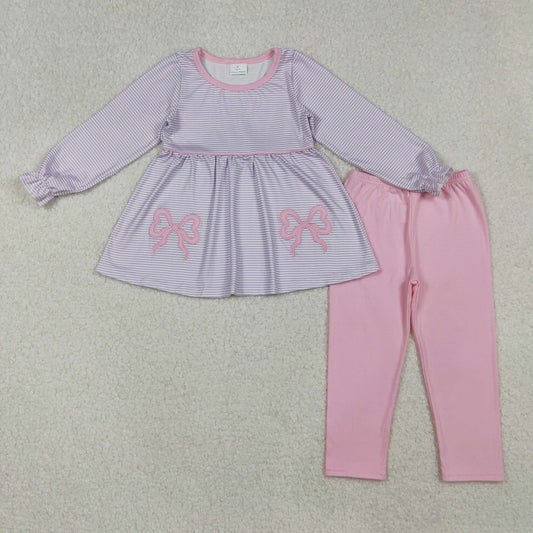 GLP2696 Baby Girls Lavender Stripe Bows Tunic Legging Pant Set  D 905